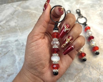 Set of (6) Red & White Glass Beaded Keychains | Travel Bag Charms