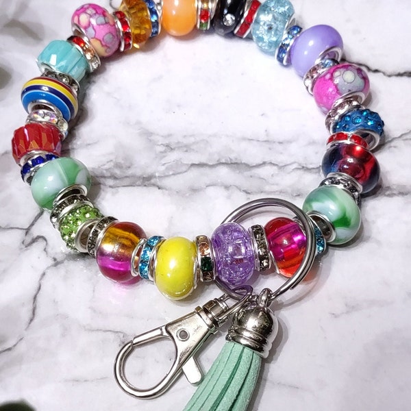 Colorful Glass Bead Keychain Bracelet | Keychain Wristlet | Glass Bead Bracelets | Keyring Bangle | Boho Bangle Bracelet | Bracelet [13-24]