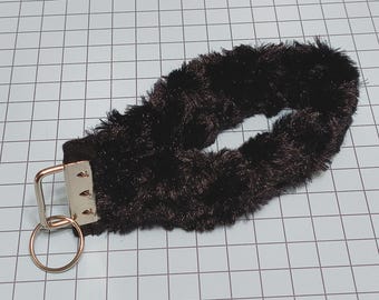 Black Faux Minky Fur Wristlet Keychain, Soft Key Fob