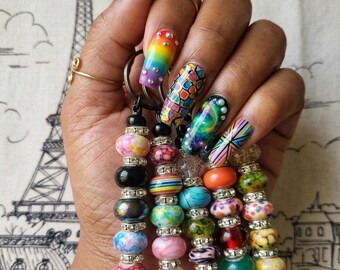 Set of (5) Multicolor Glass Beaded Keychains | Stainless Steel Bar Keyrings