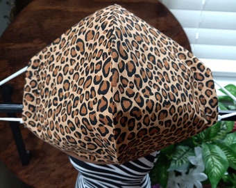 Wide Leopard Print Face Mask, 3-Layer Cotton, Adjustable Nose Wire