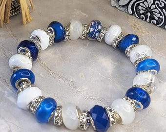 Blue & White Glass Beaded Bracelet Keychain | Wristlet | One-Of-A-Kind | Bag Charm Beads | Handmade | BW-1