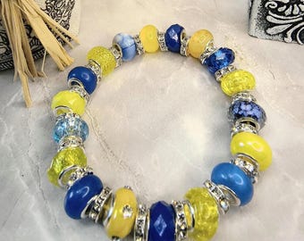 Blue & Yellow Glass Bead Bracelet Keychain | Boho Wristlet Bag Charm