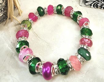 Pink & Green Glass Bead Bracelet Keychain | Boho Bag Charm