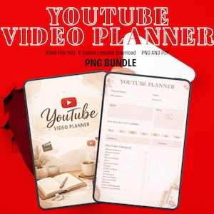 Puede incluir: Un planificador de vídeo de YouTube digital con un diseño de acuarela. La portada presenta el logotipo de YouTube y las palabras "YouTube Video Planner". El planificador incluye secciones para el nombre del canal, la descripción y la audiencia.