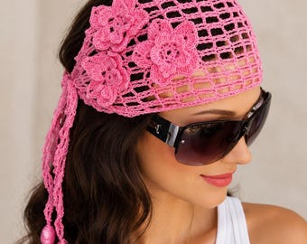 Pink Lace Boho Headband, Wide Lace Headband, Women Head Wrap, Summer Hair Accessory, Bridesmaid Headband, Boho Hair Band