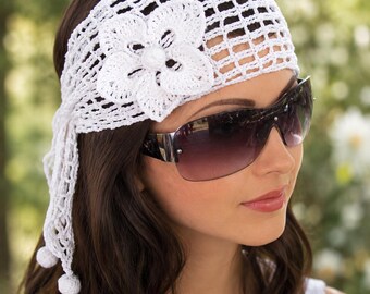 White Lace Headband, Boho Headband, Wide Headband, Women Headscarf, Bohemian Hair Accessory, Wedding Headband