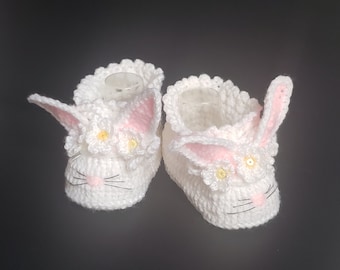 Crochet Easter Bunny Booties, Baby Bunny Slippers, Newborn Booties, White Rabbit Shoes, Easter Baby Gift