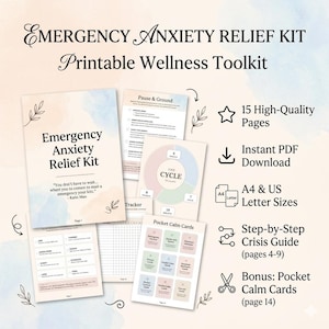 May include: Anxiety relief kit with the text "Emergency Anxiety Relief Kit Printable Wellness Toolkit". Includes 15 high-quality pages, instant PDF download, A4 & US letter sizes, a step-by-step crisis guide, and bonus pocket calm cards.