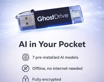 May include: A GhostDrive USB flash drive with a black centre and clear ends. Text reads: AI in Your Pocket, 7 pre-installed AI models, Offline, no internet needed, and Fully encrypted. The device features a small black tether attached to one side.