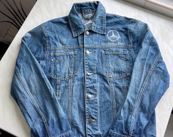 Vintage Mercedes Benz trucker spijkerjas voor heren, maat M, blauw acid wash denim, knoopsluiting, jaren 90, zeldzaam