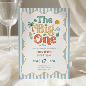 The Big One Surf Invite, Surf First Birthday Boy Invitation, Retro Surf Theme Canva Template, Boys Beach Birthday Evite