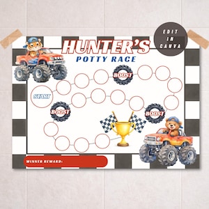 Tabla de entrenamiento para ir al baño de Monster Truck: tabla de recompensas editable para carreras de baño para niños pequeños. Tabla imprimible A4 horizontal. Descarga instantánea.