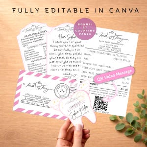 May include: A collection of pink and white Tooth Fairy themed stationery, including an inspection report, a receipt, a certificate, and a letter. The text includes "FULLY EDITABLE IN CANVA" and "BONUS: 27 COLORING PAGES".