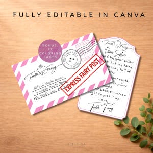 May include: A Tooth Fairy letter and envelope set. The envelope is white with pink diagonal stripes and a red "Express Fairy Post" stamp. The letter is white with a decorative border and handwritten text.