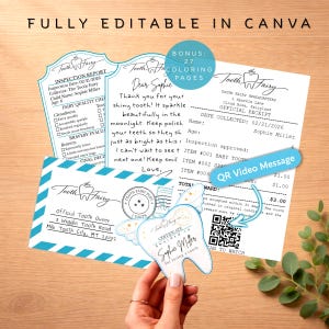 Può includere: Un set di cancelleria a tema Fatina dei denti, tra cui un rapporto di ispezione, una lettera, una ricevuta e un certificato a forma di dente. Gli articoli sono in tonalità blu e bianco, con elementi decorativi e testo.