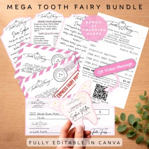 Pink Tooth Fairy Mega Bundle Printable, Editable Canva Kit, QR Video Receipt, Letter, Check, Certificate, Inspection Report, Apology Note