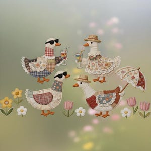 Ganso de jardín primaveral PNG - Diseño cottagecore de patchwork floral - Pato con flores de bordado falso - Conjunto de imágenes prediseñadas estilo edredón retro