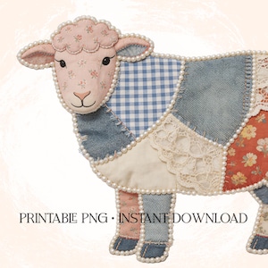 Vintage Patchwork Sheep PNG | Cottagecore Quilt Lamb Clipart with Lace & Denim | Heirloom Farmhouse Sublimation