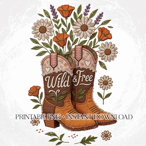 Buty Wildflower PNG - Wzór patchworkowy w stylu western - Dziki i darmowy cytat - Haft imitujący sublimację w stylu country