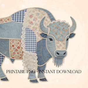 Vintage Patchwork Bison PNG | Cottagecore Quilt Buffalo Clipart with Lace & Denim | Heirloom Farmhouse Sublimation