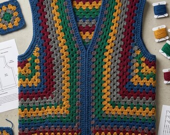 May include: A sleeveless crochet waistcoat featuring a multi-coloured granny square pattern in shades of blue, green, yellow, grey, and maroon. The garment has a V-neckline, a solid blue ribbed border along the edges, and a repeating geometric stitch design.