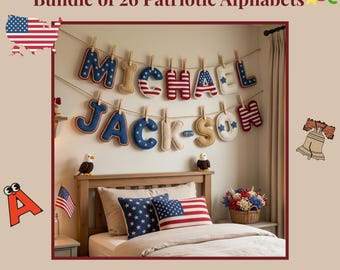 May include: A set of crocheted letters spelling MICHAEL JACKSON, hung on two strings with wooden clips. The letters feature red, white, and blue patterns, stars, and stripes. The text Bundle of 26 Patriotic Alphabets and PDF Pattern Instant Download is visible.