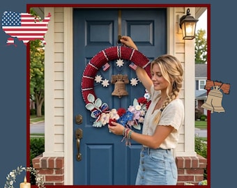 May include: A patriotic crochet wreath pattern PDF instant download featuring a circular wreath with red, white, and blue yarn, a central Liberty Bell motif, small American flag accents, and crocheted floral decorations hanging on a blue door.