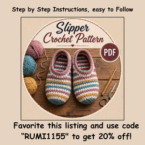 Puede incluir: Un par de pantuflas de ganchillo a rayas con hilos de colores rosa, blanco, amarillo y azul verdoso. La imagen incluye el texto Slipper Crochet Pattern, PDF, Step by Step Instructions, easy to Follow, y Favorite this listing and use code RUMI1155 to get 20% off!