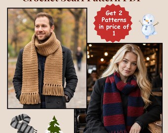 May include: A digital document titled Crochet Scarf Pattern PDF featuring two scarf designs. One is a solid tan crocheted scarf with fringe, and the other is a navy blue and maroon striped crocheted scarf with fringe. Includes a snowman graphic and text: Get 2 Patterns in price of 1.