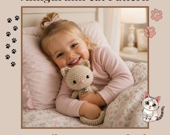 May include: Amigurumi cat pattern PDF file instant download. The image features a crocheted beige cat toy with black eyes, a pink nose, and a small silver bell around its neck. The text Amigurumi cat Pattern and PDF File Instant Download is visible.