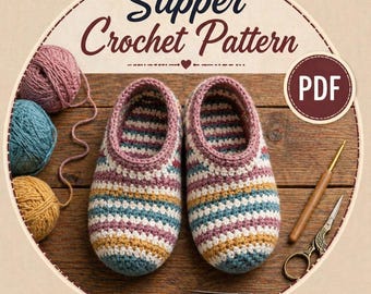 May include: Crocheted slippers with a striped design in white, pink, blue, and yellow. The image shows the slippers alongside balls of yarn, a crochet hook, and scissors. The text "Slipper Crochet Pattern" and a "PDF" icon are also visible.