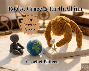 May include: A crochet pattern bundle featuring a small grey figure, a blue and green globe, and a large yellow spider-like creature. The image includes the text "Rocky, Grace & Earth All in 1" and "PDF Pattern Bundle".