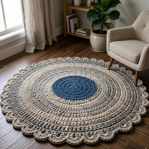 May include: A round, crocheted rug with a scalloped edge. The rug features concentric circles of varying shades of gray, beige, and blue. The center is a solid blue circle. The rug is approximately 5 feet in diameter.