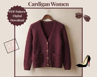 May include: A deep burgundy crochet V-neck cardigan with a ribbed hem, cuffs, and button-front closure featuring two front pockets. The image includes text reading Crochet V-Neck Ribbed Cardigan Women and PDF Pattern Digital Download, plus sunglasses and heels.