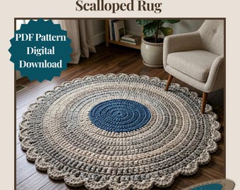 May include: A round crochet rug featuring a dark blue centre surrounded by concentric rings of light grey, beige, and dark grey yarn. The rug has a scalloped edge. Text on the image reads: Crochet Round Farmhouse Scalloped Rug PDF Pattern Digital Download.