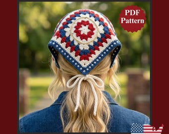 May include: A crochet granny square bandana featuring a red, white, and blue star-patterned design. The head covering includes a cream-coloured tie closure at the back. Text on the image reads Crochet Granny Square Bandana, PDF Pattern, and Instant Download.