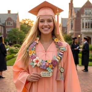May include: A smiling graduate in a peach-colored cap and gown, adorned with a floral lei. The lei features colorful flowers and small book-shaped elements. A sign reads "Class 2026 - Vibrant Future". The background shows a university campus.