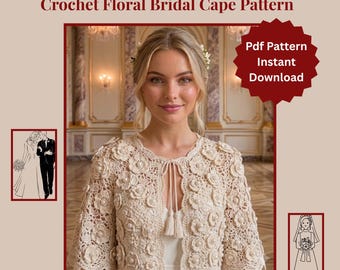 May include: A cream-coloured crochet bridal cape featuring a floral pattern with embedded pearls and a front tie closure with tassels. The image includes the text Crochet Floral Bridal Cape Pattern and Pdf Pattern Instant Download.