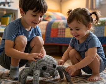 May include: A grey crocheted spider toy with eight legs and large black eyes. The spider has green accents on its body. Two children are playing with the toy on a patterned rug.