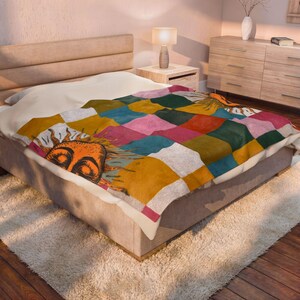 Boho Sun Patchwork Fleece Blanket, Retro Colorful Couch Throw