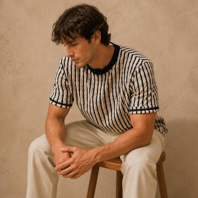 May include: A short-sleeved, striped shirt with a navy blue collar and cuffs. The shirt features vertical black stripes on a cream-colored background. The person is wearing cream-colored pants and is seated on a wooden stool. The overall style is casual.