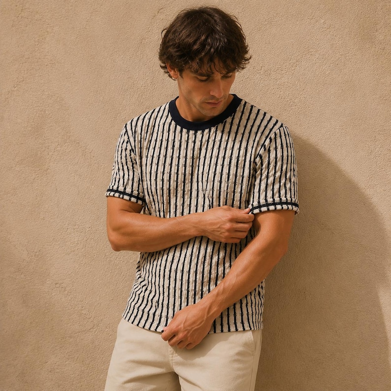 May include: A short-sleeved, cream-colored shirt with vertical black stripes. The shirt has a navy blue crew neck and sleeve trim. The person in the image is wearing khaki-colored pants.