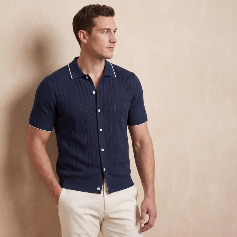 May include: Navy blue short-sleeve shirt with white trim on the collar and sleeves. The shirt has a ribbed texture and is buttoned down the front. The person is wearing light-colored pants.
