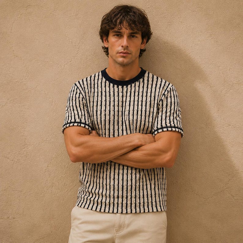 May include: A short-sleeved, striped shirt with a navy blue collar and cuffs. The shirt features vertical black stripes against a cream-colored background. The model is wearing khaki-colored pants.