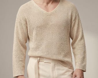 Men's V-Neck Waffle Knit Long Sleeve Shirt, Lightweight Polyester Top