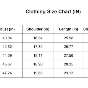 May include: Clothing size chart in inches. The chart includes sizes M, L, XL, XXL, and XXXL. Measurements include bust, shoulder, length, and sleeve length in inches. The bust measurements range from 40.94 to 47.24 inches.