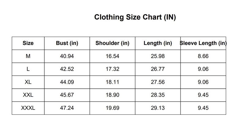May include: Clothing size chart in inches. The chart includes sizes M, L, XL, XXL, and XXXL. Measurements include bust, shoulder, length, and sleeve length in inches. The bust measurements range from 40.94 to 47.24 inches.