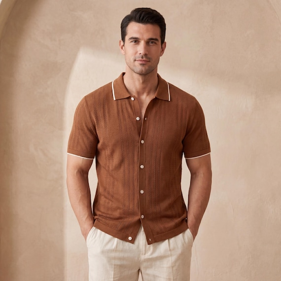 Men's Viscose Knit Polo Shirt, Vintage Textured Button-Up, Retro Summer Style
