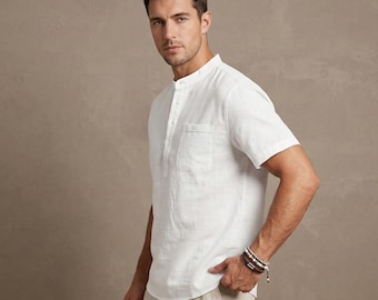 Men's Cotton Band Collar Shirt, Lightweight Short Sleeve Summer Resort Wear